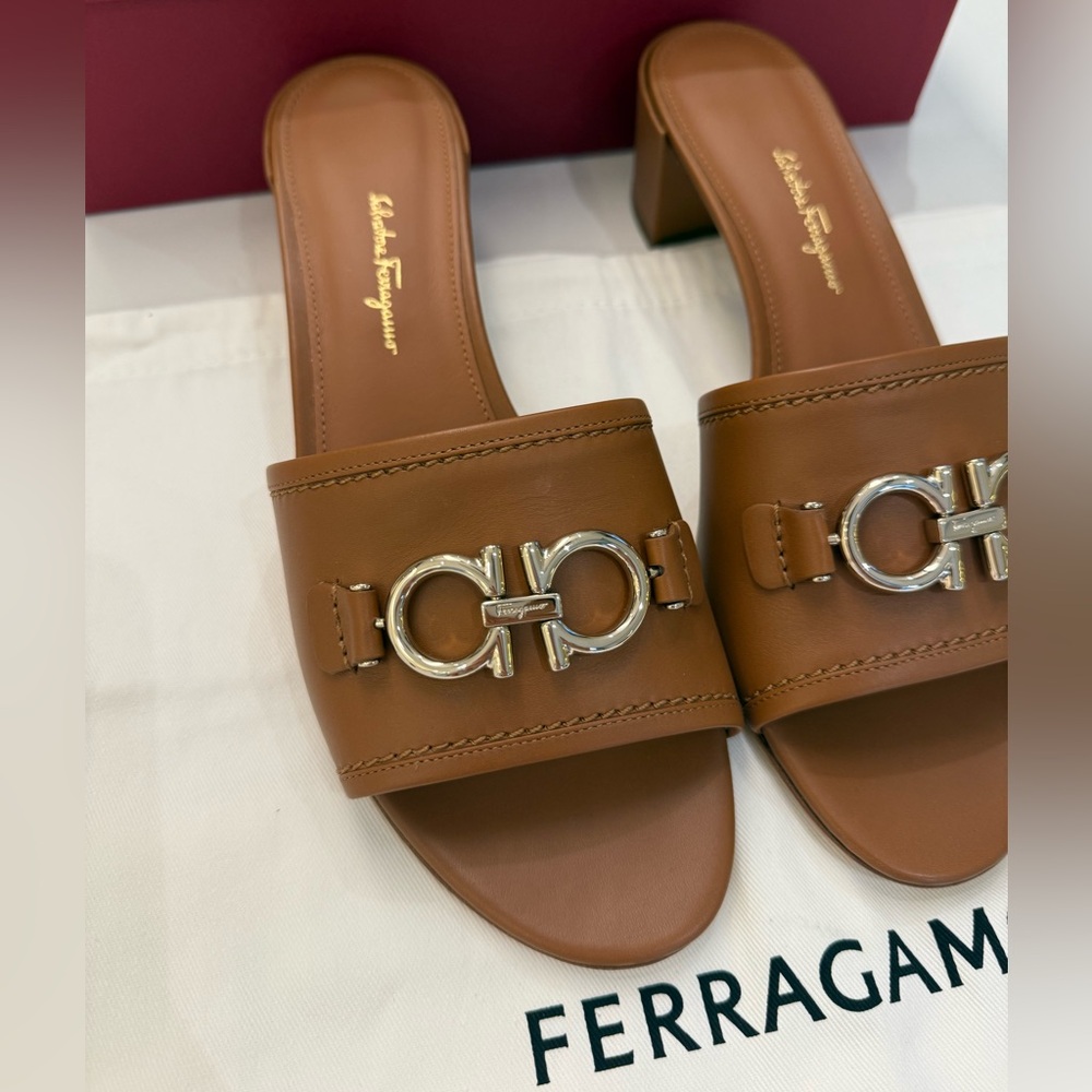 Salvatore Ladies‎ Brown Rhodes Gancini Heel Sandals, Size 9.5 - Picture 9 of 13